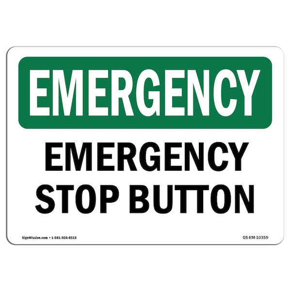 Safety Sign, OSHA EMERGENCY, 3.5" Height, Stop Button, Landscape, 10PK